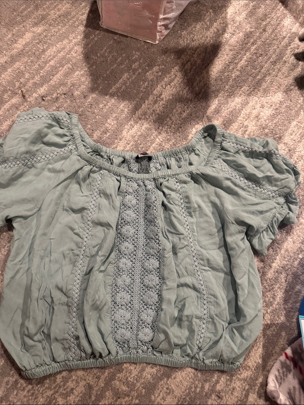 VENUS Sage Green Off-Shoulder Crochet-Front Crop Top